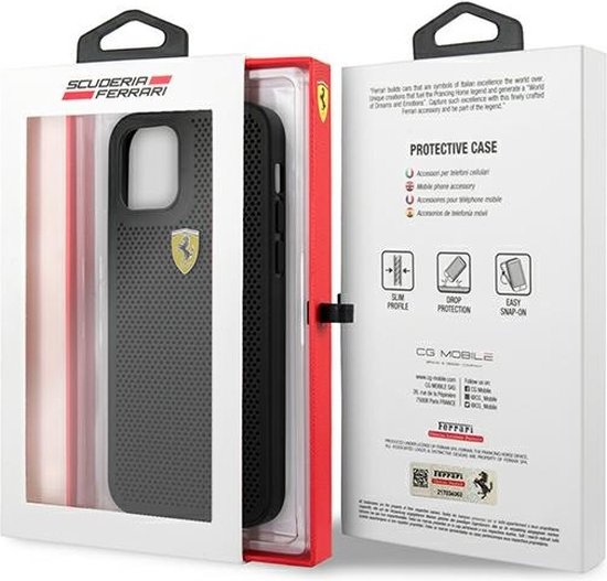 Zwart Ferrari telefoonhoesje met geperforeerd patroon en logo, in verpakking.