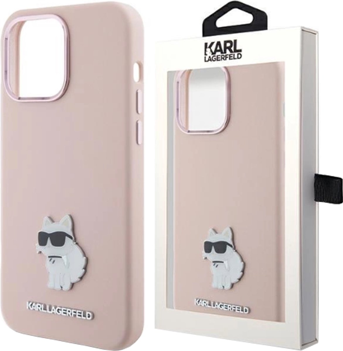 Karl - Lagerfeld - Siliconen Choupette Metal Pin hoesje voor iPhone - 15 - Pro - Max - roze