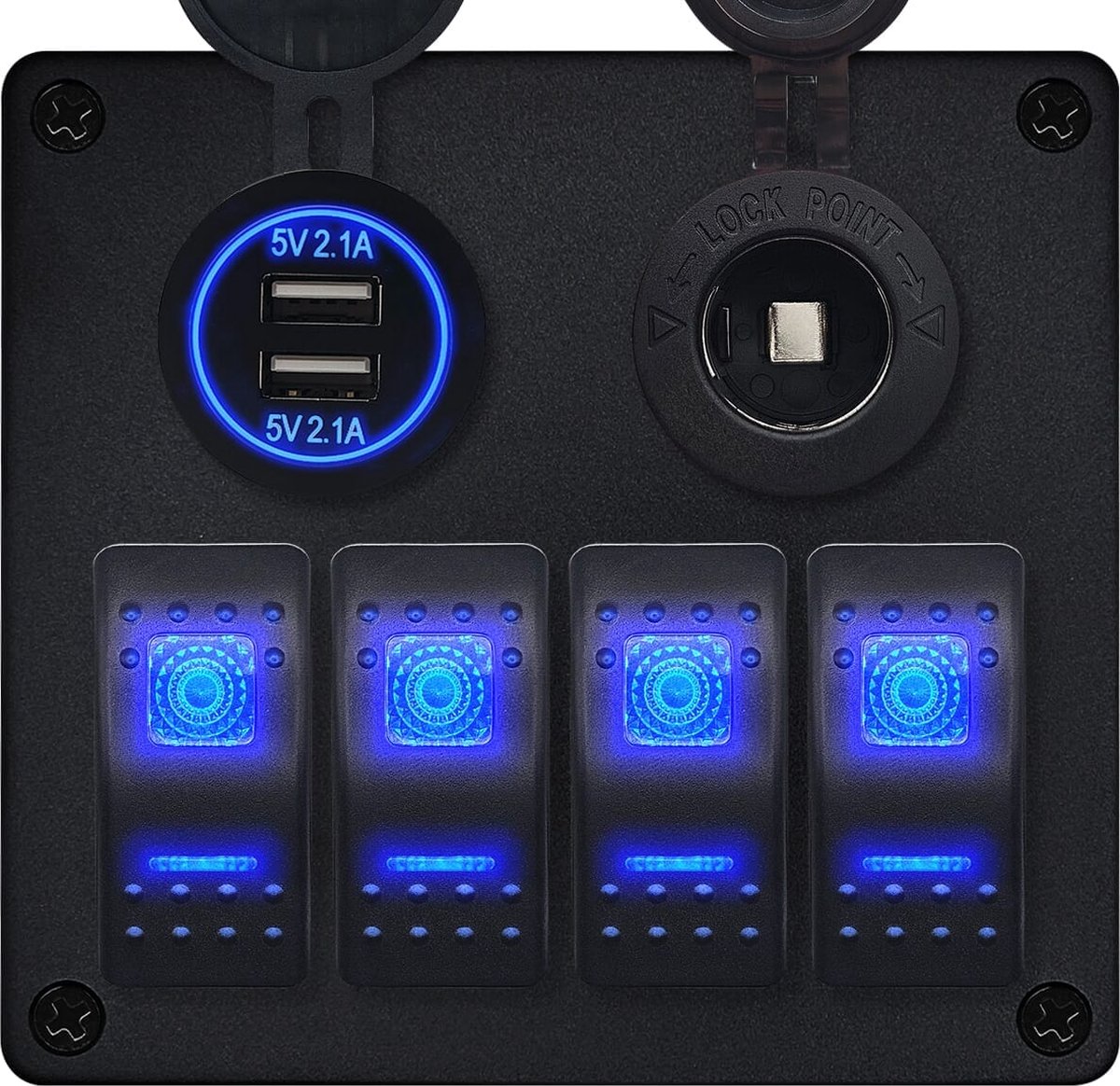 ProRide Schakelpaneel 12V voor Auto/Boot - USB Lader 2 Poorten met Sigaretten stopcontact - 5V/2.1A - 4 schakelaars