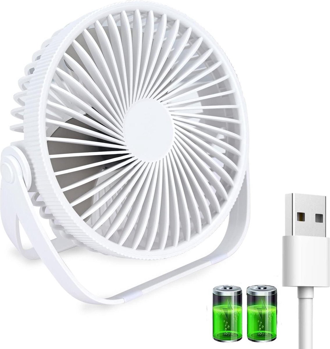 Kleine draagbare USB-tafelventilator - 3 snelheden - 360 graden rotatie - wit