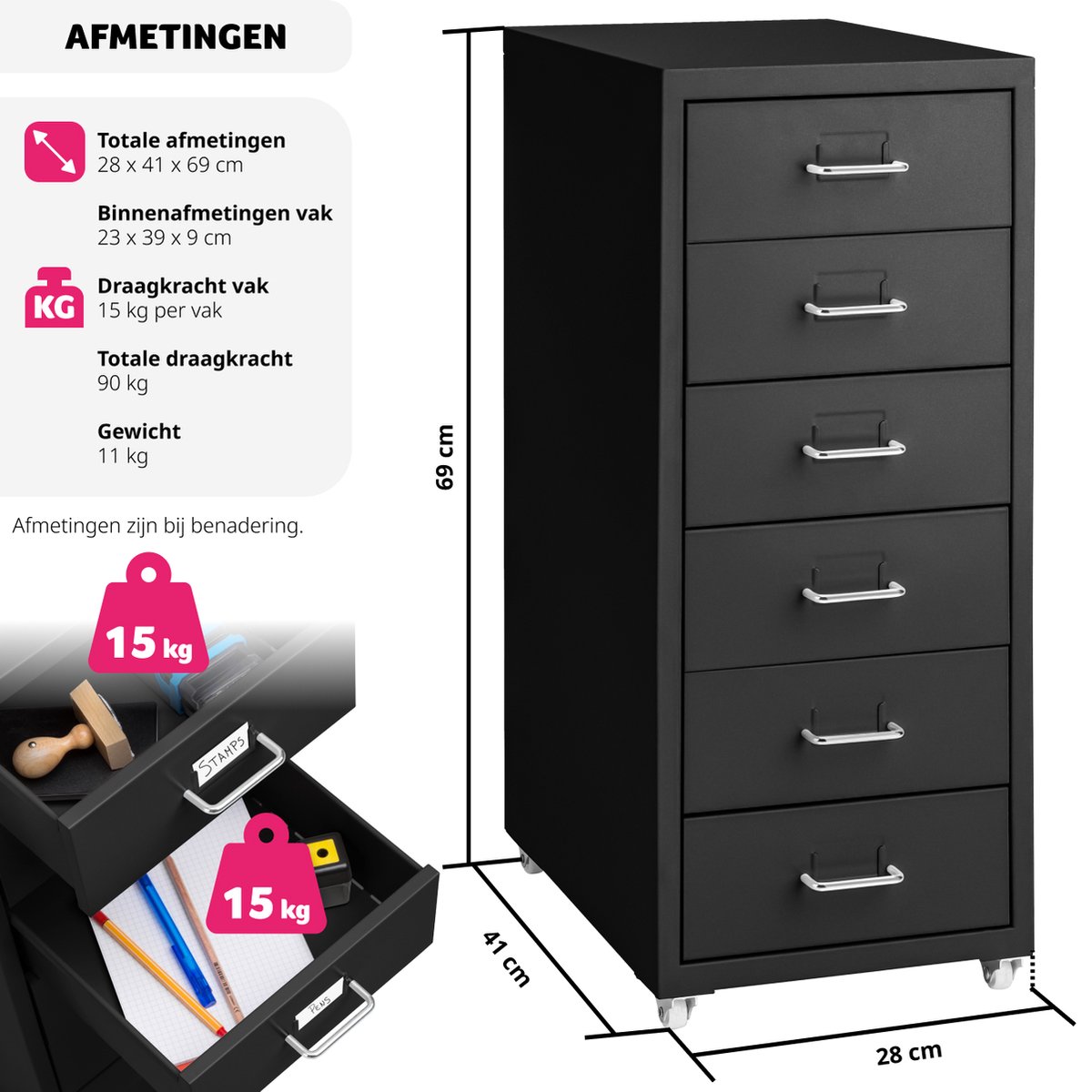 Werkblad Keuken Hout GIANTEX Rolcontainer Met 5 Laden & Kast – Verrijdbare Opbergkast Voor Thuis En Kantoor, 78x40x65 Cm Mobiele Opbergkast Bruin