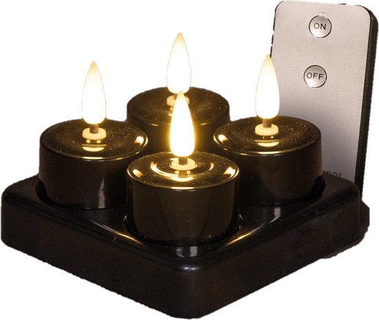 Anna's Collection Oplaadbare LED theelichtjes - 4x st - zwart - H5 cm - met oplaadstation