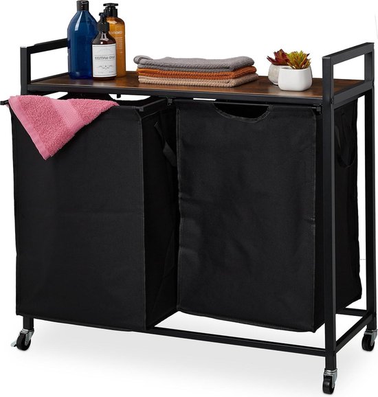 Relaxdays dubbele wasmand, met plank, 2 uitschuifbare waszakken, 42 l, metaal, houtlook, wassorteerder, zwart/natuur