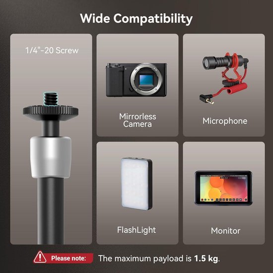 SMALLRIG Super Clamp + Bras Magique Articulé 10 Pouces - Vis 1/4'' Réglable, Support Moniteur LCD / Lumière LED - 2732B