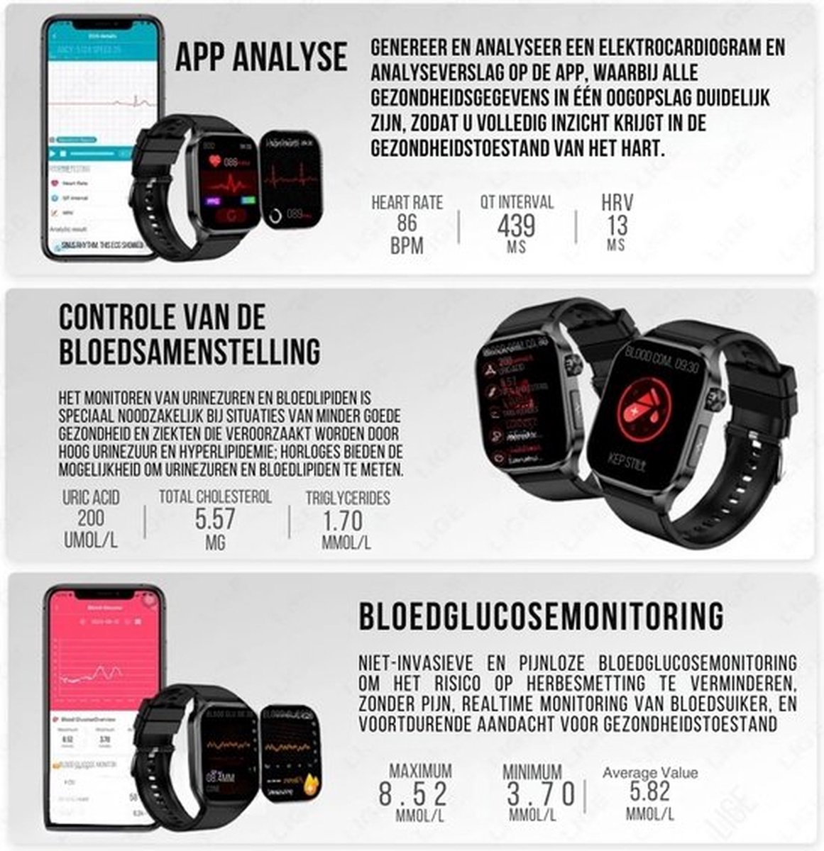Afbeelding 2 van Smartwatch Sporthorloge ECG Glucosemeter IP68 Roze