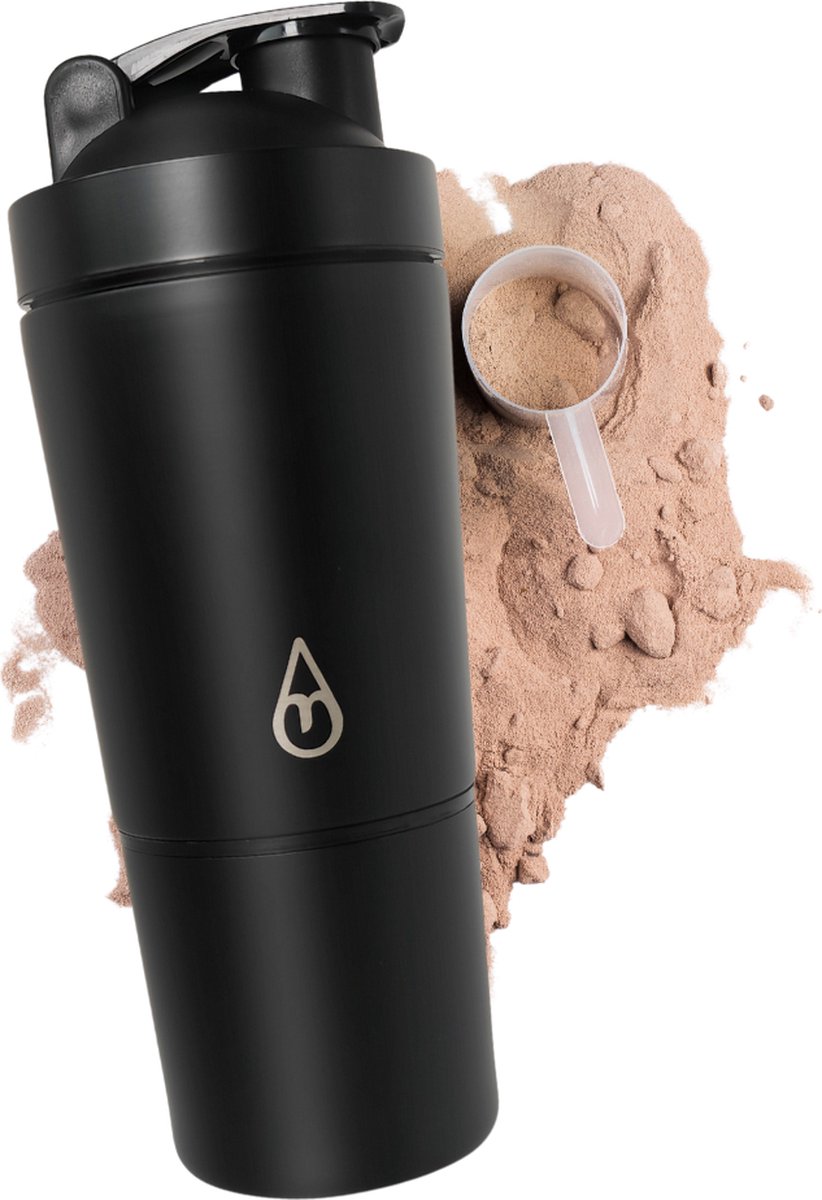 RVS Shakebeker met poedercompartiment - Motivai® - Zwart - Shaker - 2 delige shaker - 600ml - Motivatie Waterfles - Voor het maken van Shake's - Thermo Shakebeker - Ook voor supplementen - extra compartiment van 200g - met shakebal