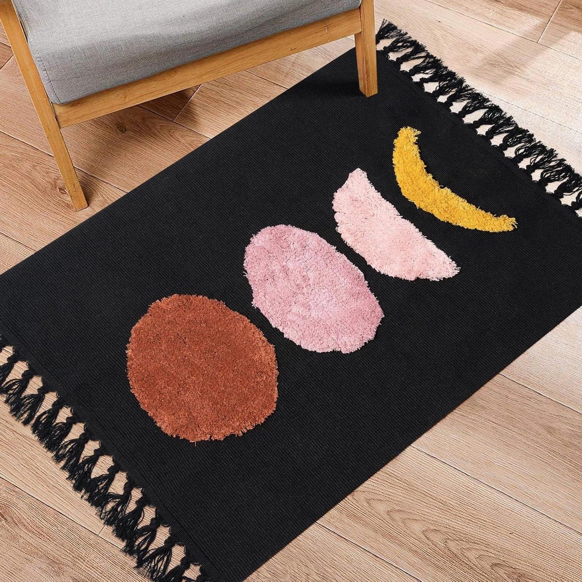Klein boho zwart maan getuft katoenen vloerkleed 60 x 90 cm met geweven kwastjes wasbaar badkamer keuken woonkamer slaapkamer hal eetkamer