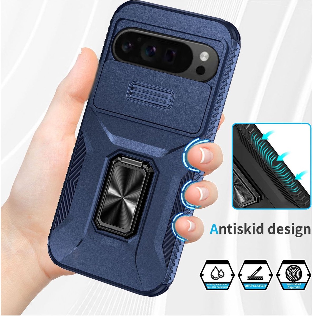 Mobigear Hoesje geschikt voor Google Pixel 9 Pro XL Telefoonhoesje Hardcase | Mobigear Armor Ring Cam Slide Backcover Shockproof met Ringhouder en Camera Slider | Schokbestendig Pixel 9 Pro XL Telefoonhoesje | Anti Shock Proof - Blauw