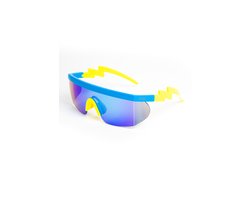 KIMU® Skibril Zonnebril - Geel Montuur - Blauwe Spiegelglazen - Foute Ski Bril Fietsbril Sportbril Motorbril Fout Skipak Goggles Motor Fiets Halloween