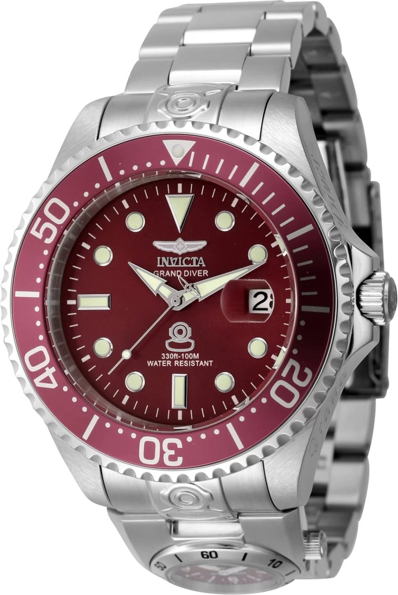 Invicta Grand Diver 45814 Heren Horloge - Waterdicht - Analoog - Automatisch Uurwerk - Roestvrij Staal met rode Wijzerplaat - 47mm