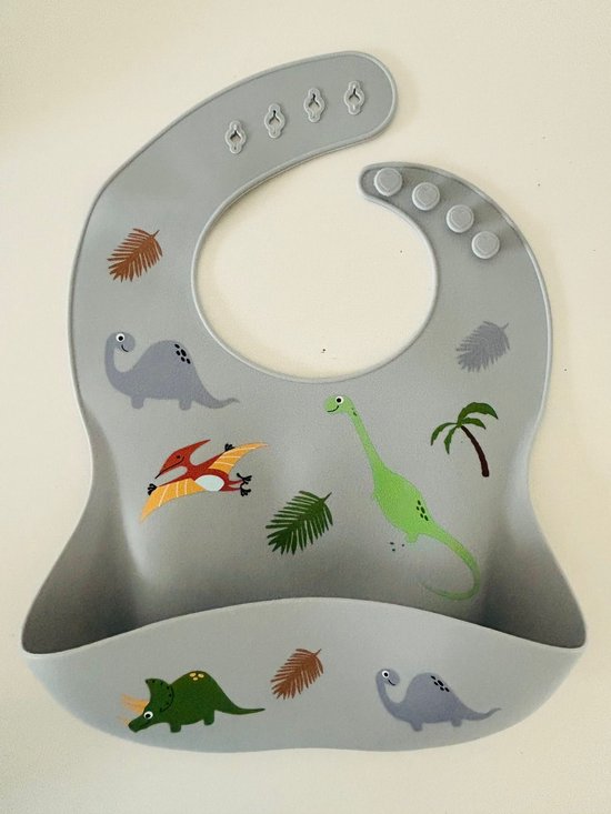 3 Stuks - Siliconen Slabbetjes met Opvangbak - Dinosaurus Groen Blauw van Bear & Care — afbeelding 2