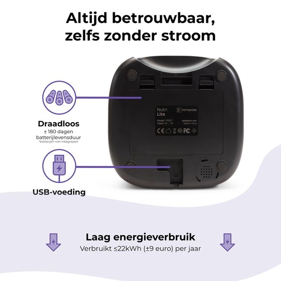 Onderkant van de automatische voerbak met batterijvak en USB-aansluiting.
