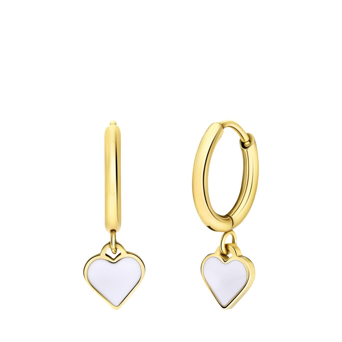 Lucardi - Kinder Stalen goldplated oorringen met hart emaille wit - Oorbellen - Staal - Goudkleurig