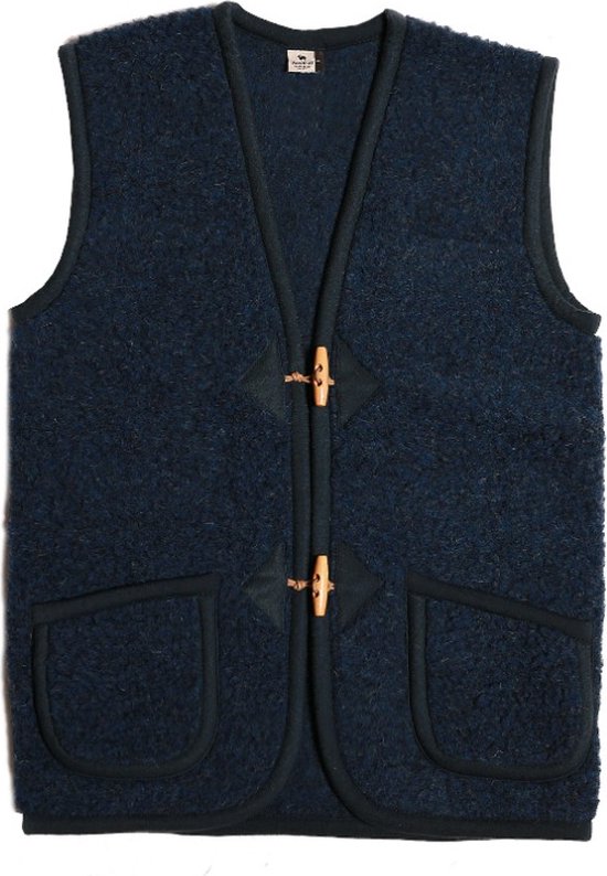 Donkerblauwe teddy bodywarmer met twee bruine toggle sluitingen en twee steekzakken.