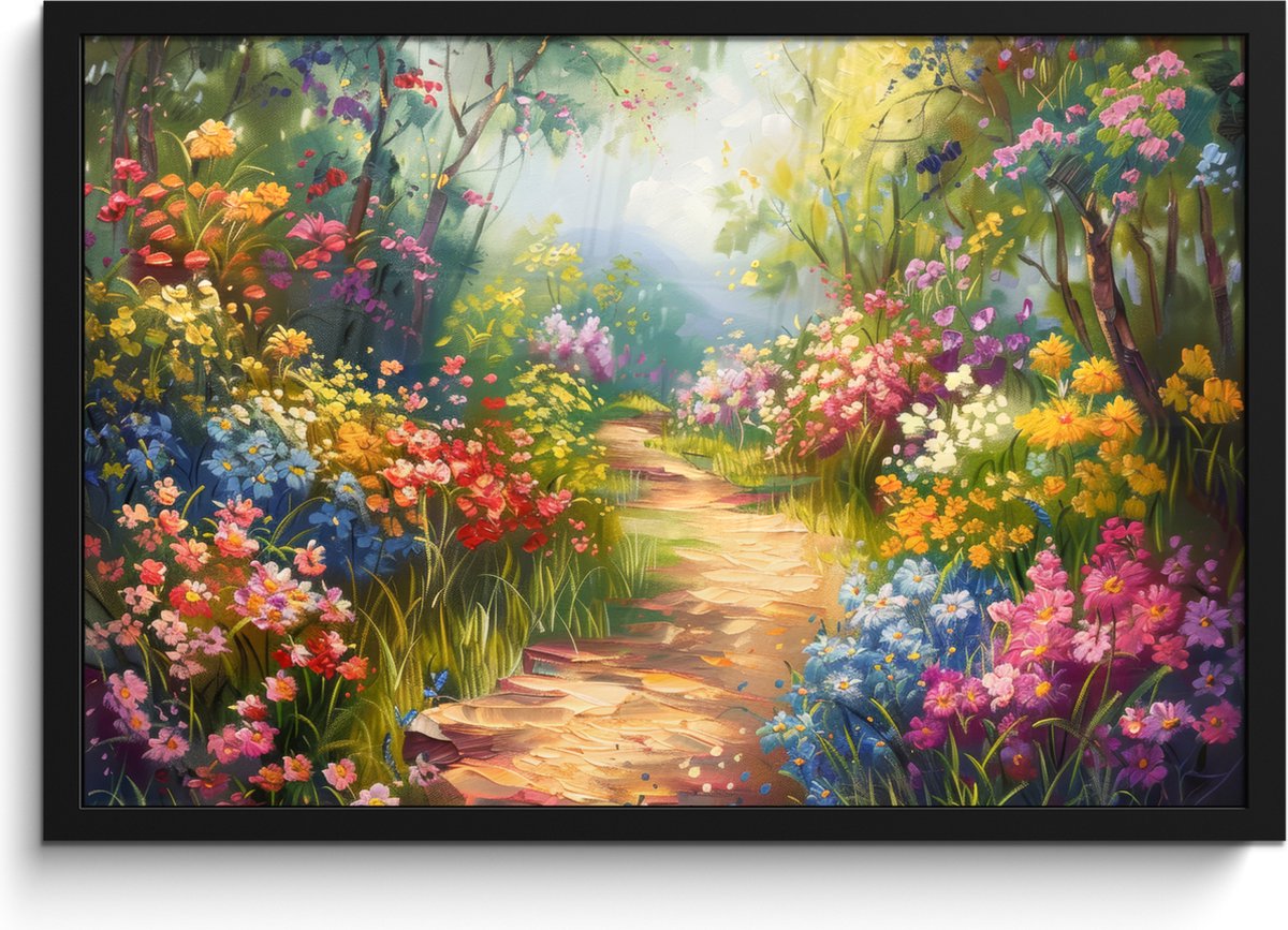 FrameYourWall Poster in lijst - Fotolijst 60x40 cm - Posters - Natuur - Landschap - Bloemen - Kleurrijk - Posterlijst zwart - Decoratie - Wanddecoratie woonkamer - Muurdecoratie slaapkamer Bloemen landschap