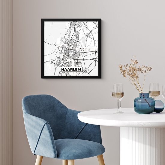 Affiche encadrée - Cadre photo 40x40 cm - Posters - Carte - Haarlem - Zwart - Wit - Cadre affiche noir - Décoration - Décoration murale salon - Décoration murale chambre