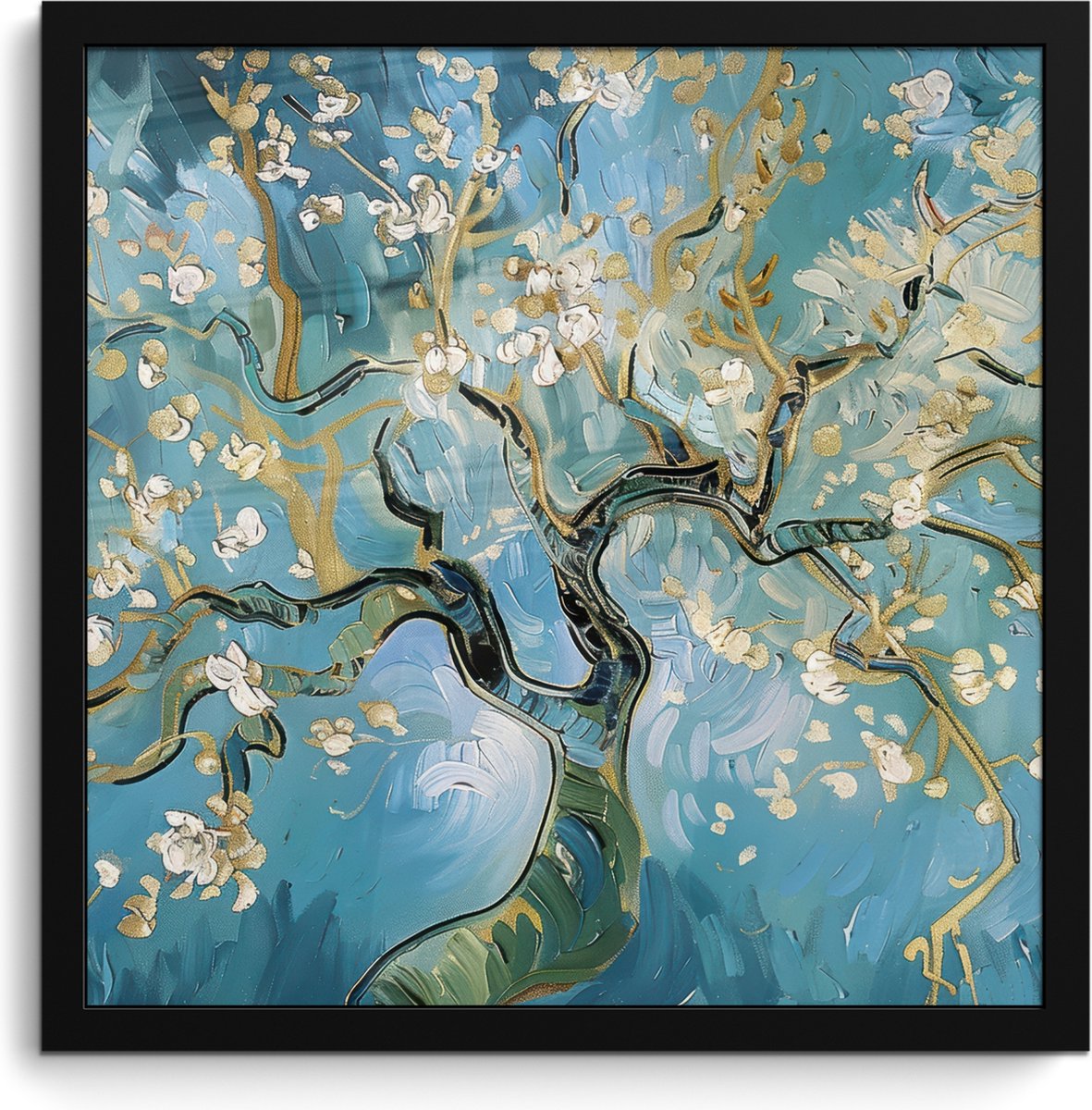FrameYourWall Poster in lijst - Fotolijst 40x40 cm - Posters - Amandelbloesem boom - Blauw - Abstract - Posterlijst zwart - Decoratie - Wanddecoratie woonkamer - Muurdecoratie slaapkamer Blauw - Goud