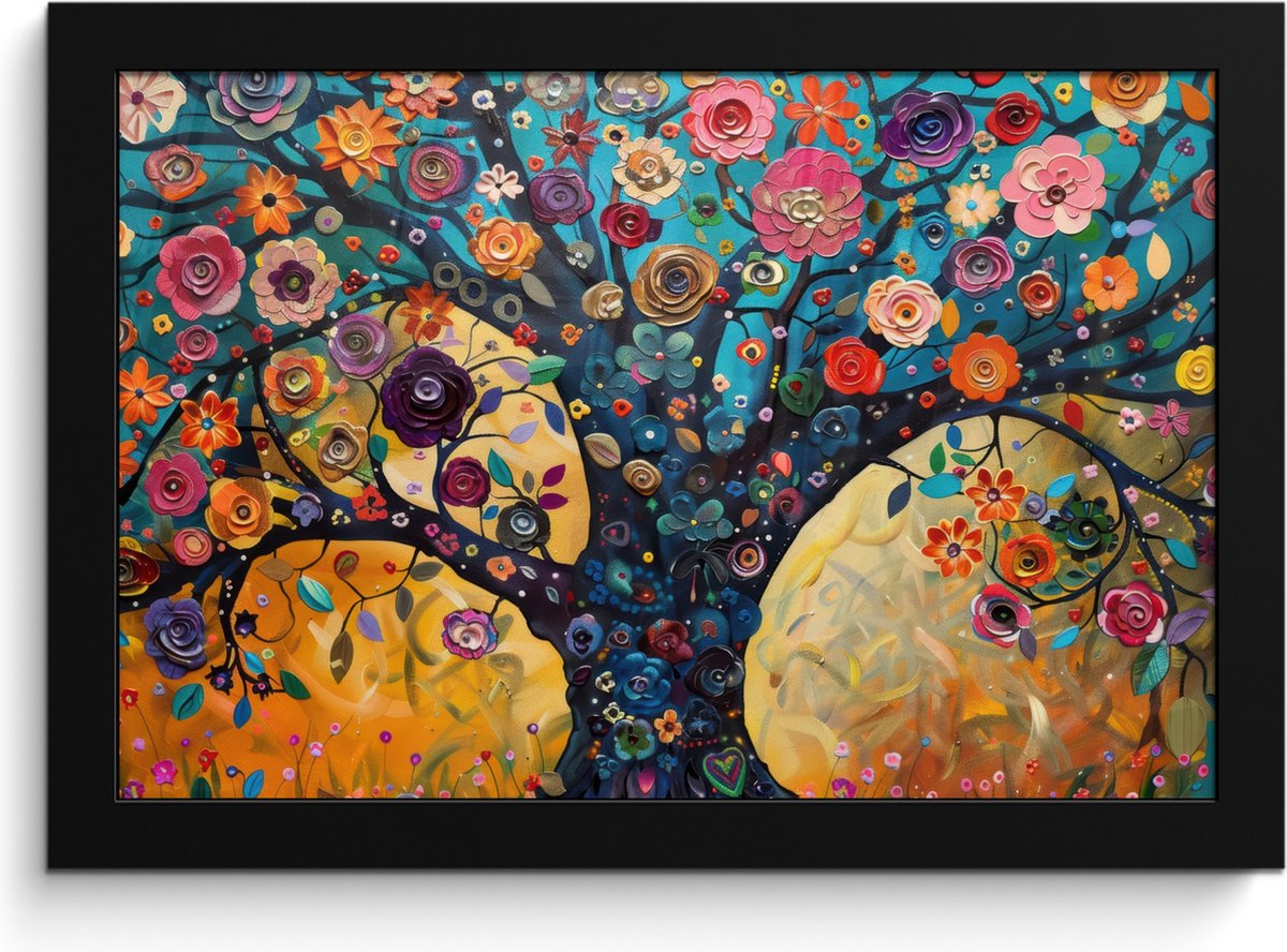 FrameYourWall Poster in lijst - Fotolijst 30x20 cm - Posters - Boom - Levensboom - Kleurrijk - Bloemen - Modern - Posterlijst zwart - Decoratie - Wanddecoratie woonkamer - Muurdecoratie slaapkamer