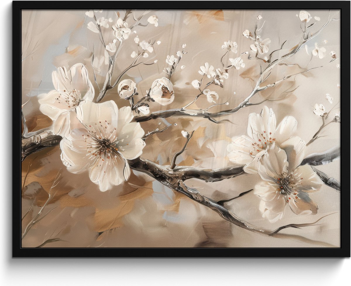 FrameYourWall Poster in lijst - Fotolijst 80x60 cm - Posters - Bloemen - Natuur - Wit - Bloesem - Abstract - Posterlijst zwart - Decoratie - Wanddecoratie woonkamer - Muurdecoratie slaapkamer
