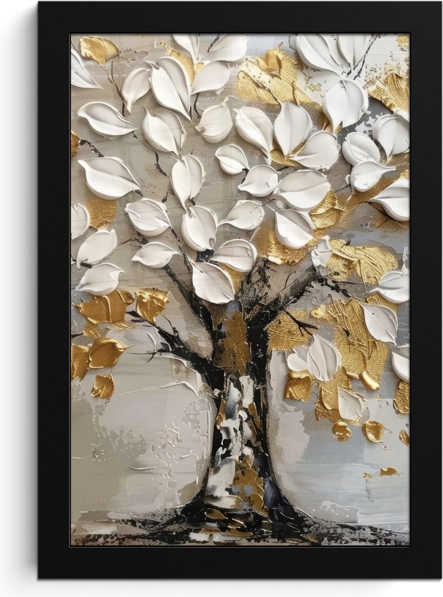 FrameYourWall Poster in lijst - Fotolijst 20x30 cm - Posters - Boom - Beige - Grijs - Goud - Abstract - Posterlijst zwart - Decoratie - Wanddecoratie woonkamer - Muurdecoratie slaapkamer Wit - Goud