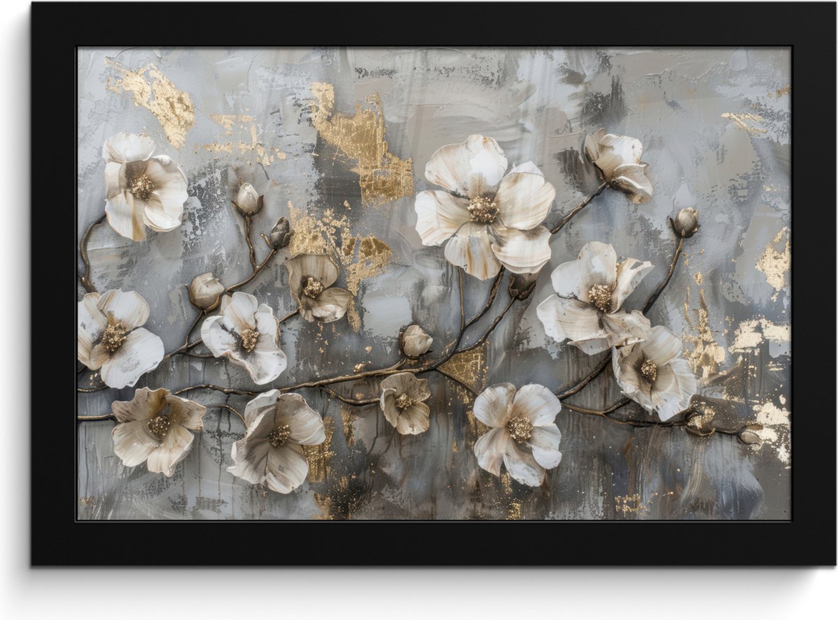 FrameYourWall Poster in lijst - Fotolijst 30x20 cm - Posters - Bloemen - Wit - Grijs - Goud - Luxe - Posterlijst zwart - Decoratie - Wanddecoratie woonkamer - Muurdecoratie slaapkamer