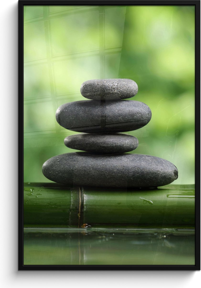 FrameYourWall Poster in lijst - Fotolijst 80x120 cm - Posters - Zen - Stenen - Groen - Natuur - Bamboe - Posterlijst zwart - Wanddecoratie badkamer - Muurdecoratie WC - Decoratieve accessoires - Toilet muur decoratie