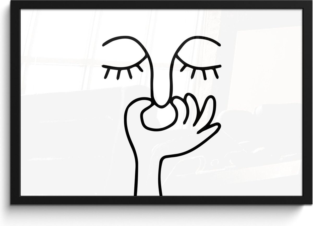 Poster in lijst - Fotolijst 60x40 cm - Posters - Line art - Gezicht - Wit - Posterlijst zw