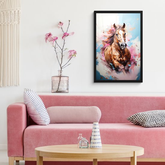 Affiche sous cadre - Cadre photo 40x60 cm - Posters - Cheval - Filles - Blauw - Rose - Cadre affiche noir - Décoration murale pour chambre ado - Décoration chambre ado - Accessoires chambre ados