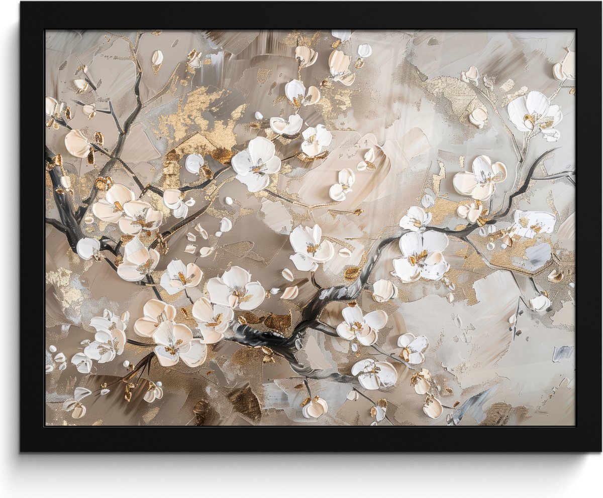 FrameYourWall Poster in lijst - Fotolijst 40x30 cm - Posters - Bloemen - Wit - Goud - Beige - Luxe - Posterlijst zwart - Decoratie - Wanddecoratie woonkamer - Muurdecoratie slaapkamer