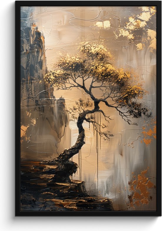 Affiche sous cadre - Cadre photo 60x90 cm - Posters - Arbre - Or - Paysage - Peinture - Cadre affiche noir - Décoration - Décoration murale salon - Décoration murale chambre