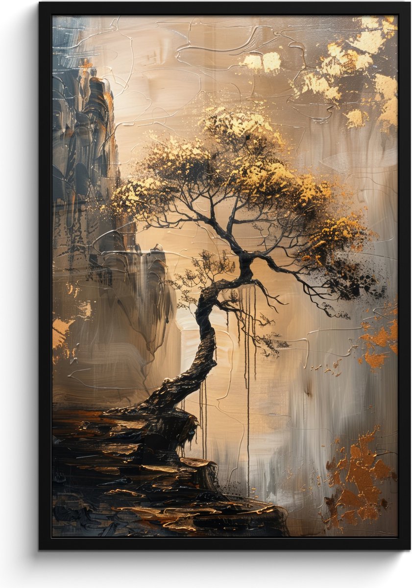 FrameYourWall Poster in lijst - Fotolijst 60x90 cm - Posters - Boom - Goud - Landschap - Verf - Posterlijst zwart - Decoratie - Wanddecoratie woonkamer - Muurdecoratie slaapkamer