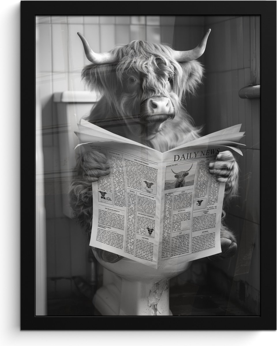 FrameYourWall Poster in lijst - Fotolijst 30x40 cm - Posters - Schotse hooglander - Koe - Krant - WC - Zwart wit - Posterlijst zwart - Wanddecoratie badkamer - Muurdecoratie WC - Decoratieve accessoires - Toilet muur decoratie Schotse hooglander - WC