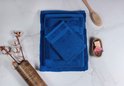 Trois serviettes bleues de différentes tailles, un gant de toilette, une brosse de lavage en bois et une coupelle en bois avec du savon.