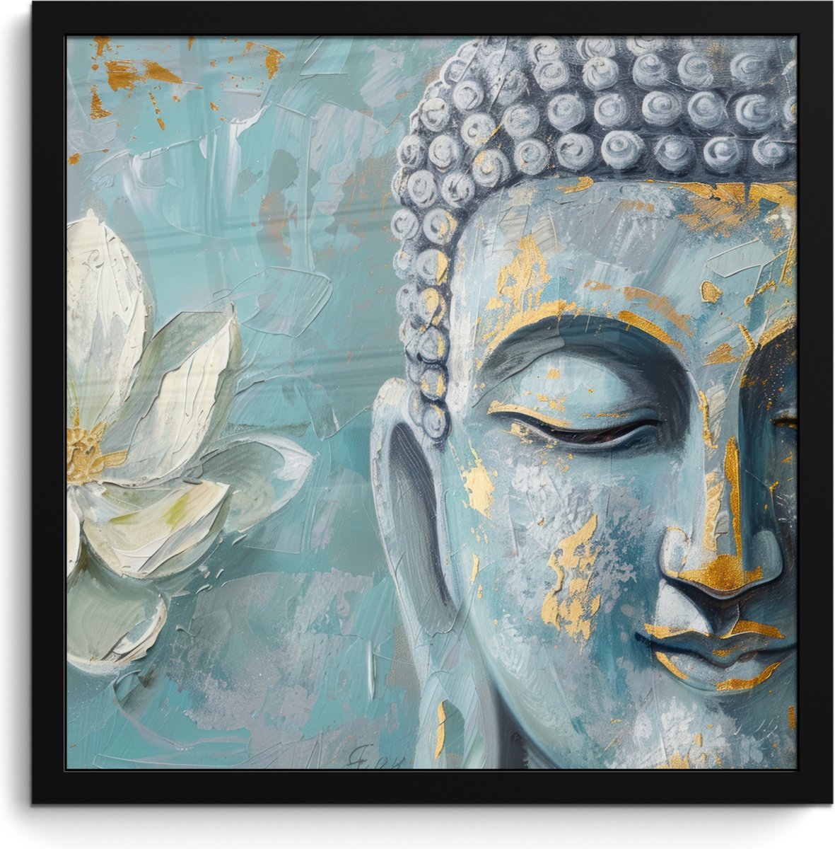 FrameYourWall Poster in lijst - Fotolijst 40x40 cm - Posters - Boeddha - Bloem - Lotus - Goud - Blauw - Posterlijst zwart - Decoratie - Wanddecoratie woonkamer - Muurdecoratie slaapkamer Boeddha - Blauw