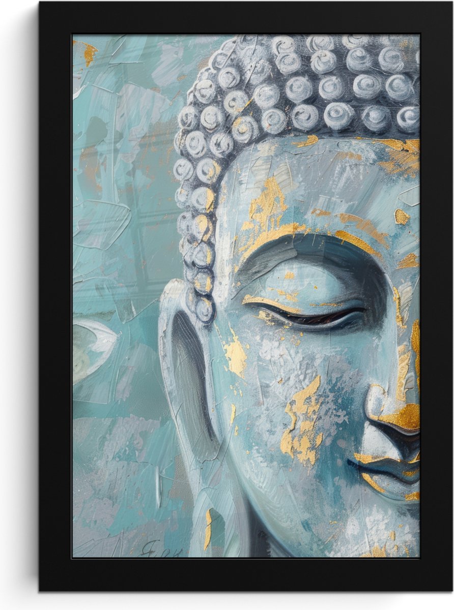 FrameYourWall Poster in lijst - Fotolijst 20x30 cm - Posters - Boeddha - Bloem - Lotus - Goud - Blauw - Posterlijst zwart - Decoratie - Wanddecoratie woonkamer - Muurdecoratie slaapkamer Boeddha - Blauw