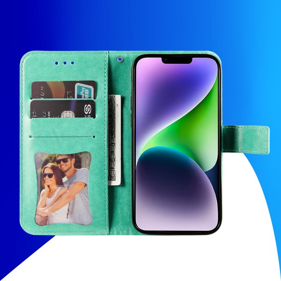 Coque adaptée pour iPhone 16 - Bookcase - Porte-cartes - Portefeuille - Imprimé fleurs - Simili cuir - Turquoise