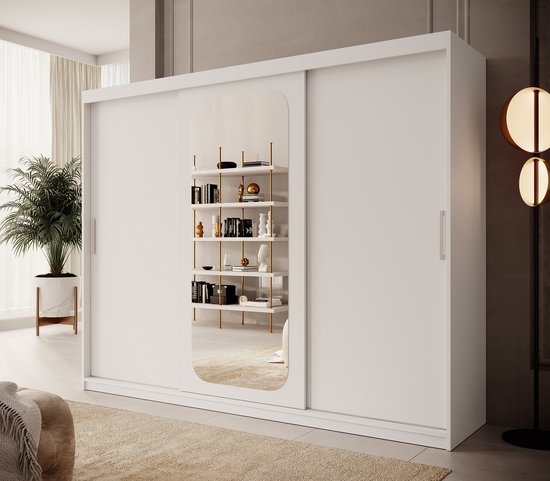 Meubella - Kledingkast Pete - Wit - 250 cm - Met spiegel