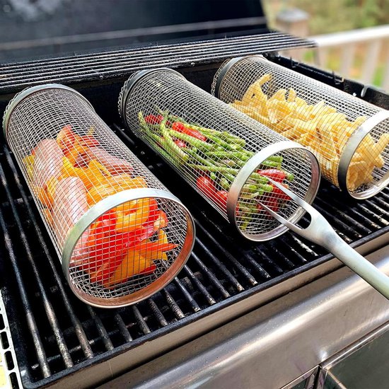 Foto: Rollende grillmand voor buiten bbq roestvrijstalen gaas cilinder draagbare groente griller voor camping grillmand voor kip garnalen kabob vleesbiefstuk mand 30cm 