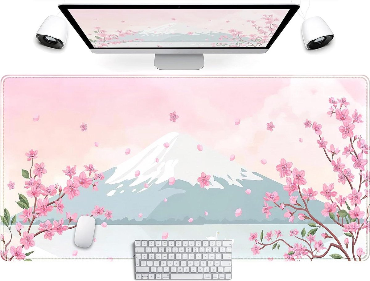 Pastelroze kersenbloesem-muismat XXL 80 x 40 cm - Mt Fuji Japan - Kawaii bloemen - Grote gaming anime muismat voor vrouwen