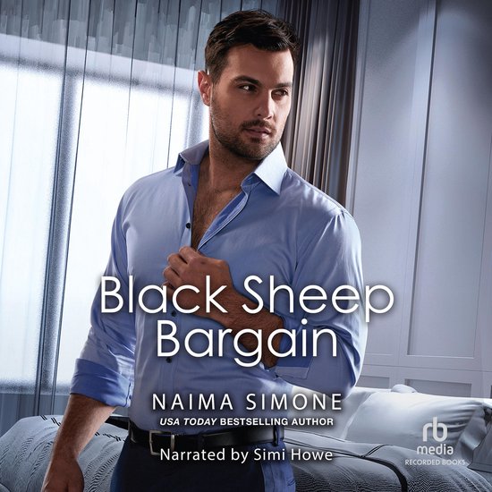 Boekcover met titel 'Black Sheep Bargain'. Een man in blauw overhemd, USA TODAY BESTSELLING AUTHOR NAIMA SIMONE.