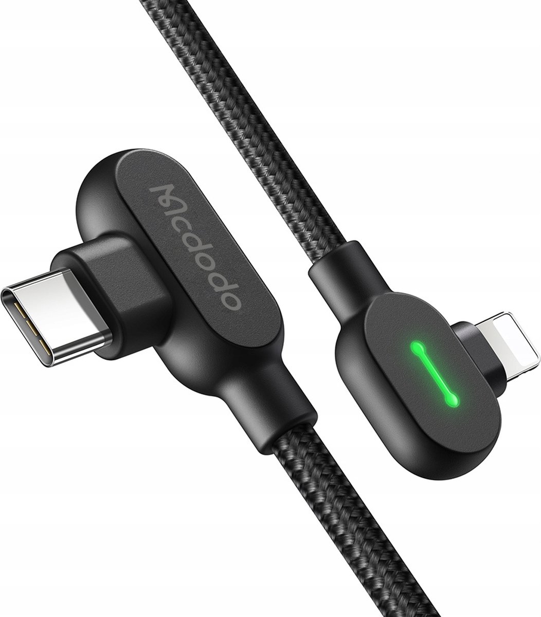 Mcdodo - 90 Graden 2 Meter USB C naar Lightning Kabel Geschikt voor iPhone - Haakse Aansluiting - Zwart