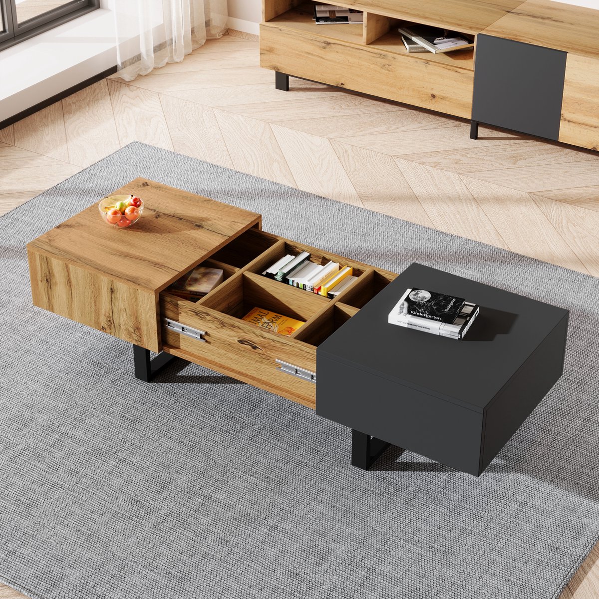 Gutent Salontafel, Boomstam en Antracietgrijs, Multifunctionele Moderne Verschuifbare salontafel met verborgen opbergkast, gemaakt van hoogwaardig hout en metalen steunen, geschikt voor woonkamer en kantoor, eenvoudig te installeren, 155 x 55 x 22 cm