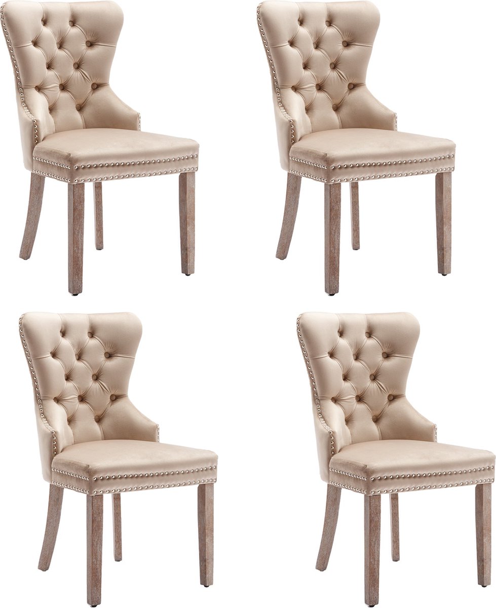 Merax Set van 4 Eetkamerstoelen – Beige Velvet Stoelen met Deurklopper en Houten Poten – Luxe Designstoelen met Nagelkopafwerking