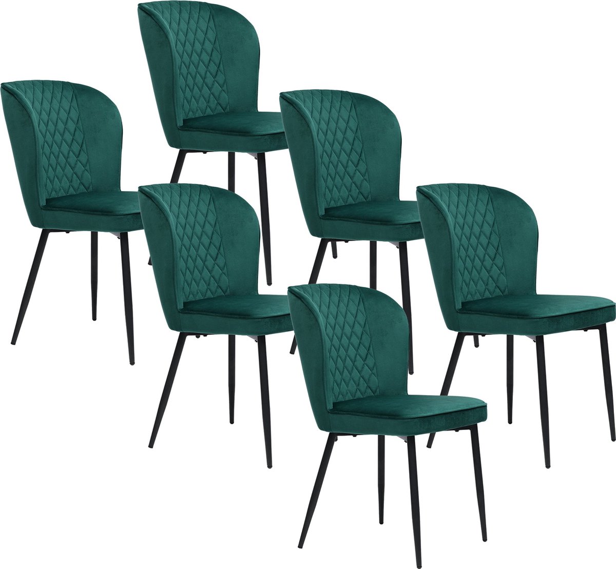 Merax Eetkamerstoelen Set van 6 - Donkergroen met Zwart - Luxe Stoel met Rugleuning en Stalen Onderstel