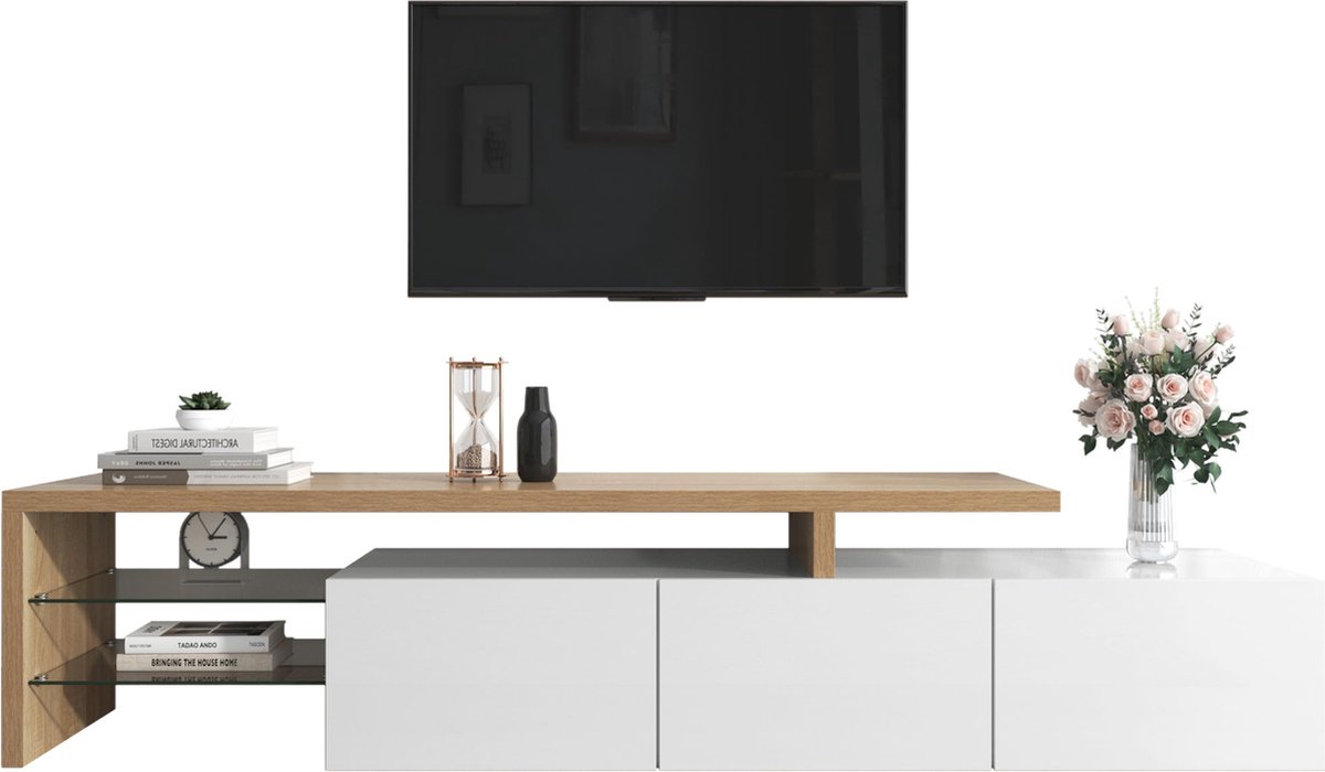 Merax TV Meubel 197 cm – Modern TV Kast in Hoogglans Wit met Houtlook – LED Verlichting – Glasplanken – Geschikt voor TV tot 75 Inch