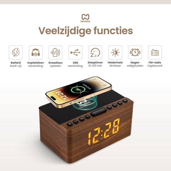 Réveil Avec Chargeur Sans Fil VeVaad – Charge Rapide 15W, Radio, Veilleuse – Design Moderne, Entrée USB-C