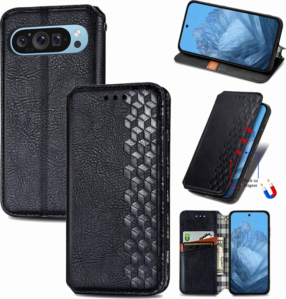 Luxe PU Lederen Ruitpatroon Wallet Case + Glas Screenprotector voor Google Pixel 9 / 9 Pro / 10 / 10 Pro _ Zwart