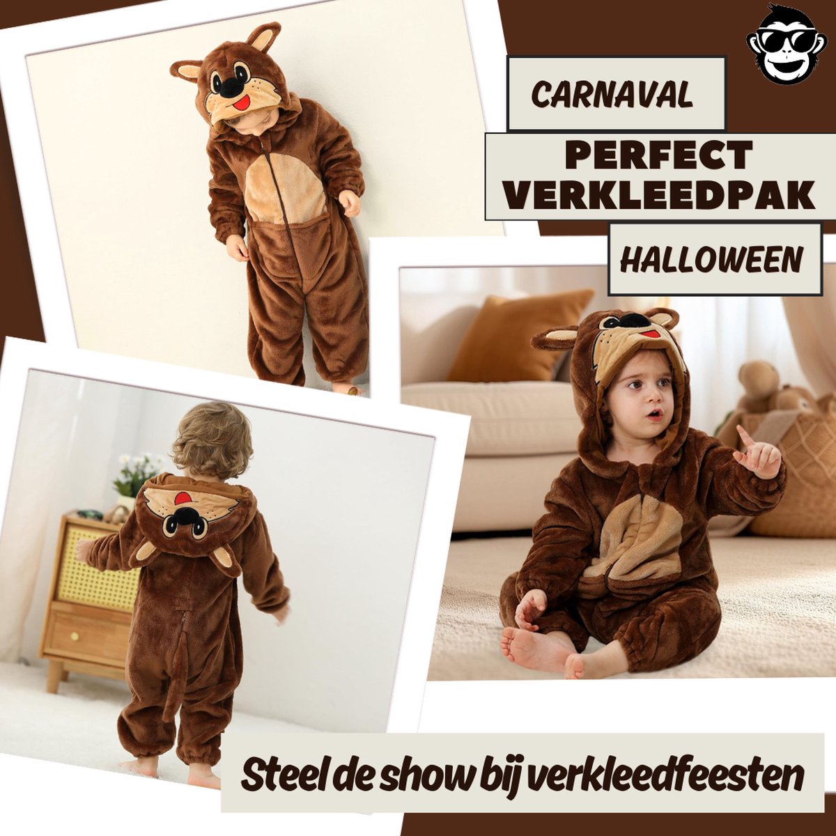 BoefieBoef Dieren Baby Onesie Peuter Pyjama Kinderen 6 maanden tot 2 jaar – Verkleedkleding met Luierrits – Carnaval Dierenpak - Halloween en Kraamcadeau Tip – Zacht Flanel - Romper - Boxpak - Jongens - Meisjes - Kruippak - Kangoeroe - Bruin — afbeelding 4