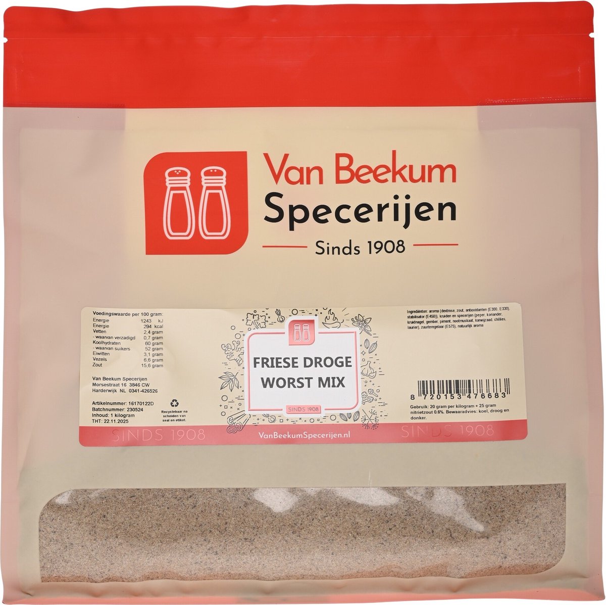 Goedkoopste Van Beekum Specerijen - Friese Droge Worst Mix - 1 KG (hersluitbare stazak