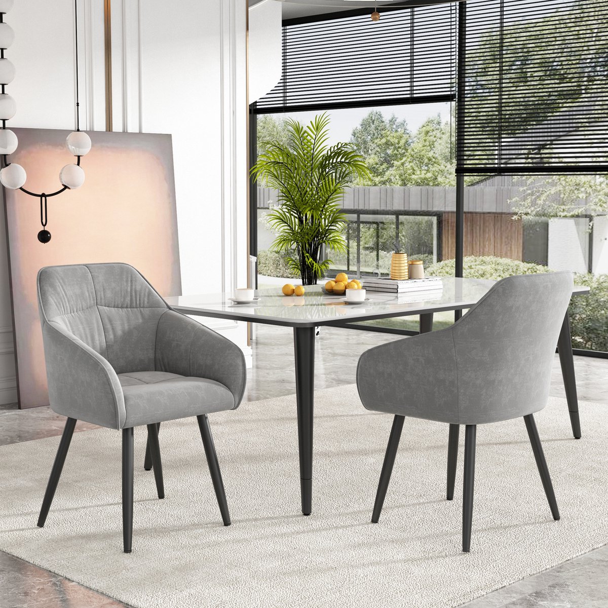 Gutent Eetkamerstoel (1 set van 2), Grijs, Gestoffeerde stoel met metalen poten, Fluweel, Gestoffeerd met fluwelen bekleding, keukenstoel met rugleuning, met fluwelen armleuningen, woonkamerstoel, verstelbare stoelpoten vooraan, grijs
